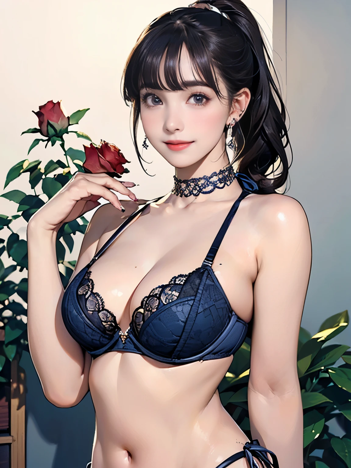 ((((highest quality))))、(((Ultra-precision CG16K wallpaper)))、(((masterpiece)))、(((Super detailed)))、(((Extreme detail)))、((１Mature 29 year old woman:1.6))、((Very beautiful Japanese faces))、((Zuo々Nozomi:1.5))、((Soft Wave Ponytail Long Hair、blunt bangs:1.5))、(Shiny brown hair)、Beautiful delicate eyes、Brown Eyes、eyeliner、Eyeshadow、High nose、Small nostrils、Small Mouth、Seductive lips、Beautiful breasts、((C cup size breasts))、Cleavage、Beautiful feet、eight-headed body、Perfect proportions、Perfect Anatomy、Perfect composition、Beautiful detailed shading、Beautiful, natural lighting、Beautiful detail glow、Depth of written boundary、(((High chroma)))、(((Real:1.9)))、((vivid:1.5))、((Beautiful Skin))、((Skin Texture))、((Realな皮膚感))、(((Bust Shot:1.6)))、((Front view、shoot from front、Front low angle:1.3))、(((smile:1.6)))、((The woman is looking at this、looking at viewer、Facing forward:1.6))、Bright daylight、Natural light、(((background_Roses:1.4)))、(Standing pose:1.6)、(((Navy blue lace bikini bra:1.6)))、((choker、Wearing earrings:1.5))、