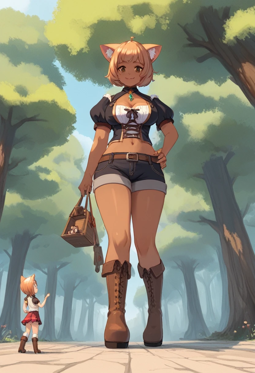 (brown skinned giantess), (catgirl), :3, gambeson, poor clothing, adventurer clothing , fluffy ears, (2girls:1.5), (height_difference:1.8), (size_difference:1.1), (tiny village in front of the closeup boots of a giantess), a tiny woman below the breasts of a giantess, forest background, simple background, (miniature woman in tiny village: 1.1), (tiny village: 1.5), super cute girl, (very tall: 1.1), (closeup breasts and face), (closeup boots)