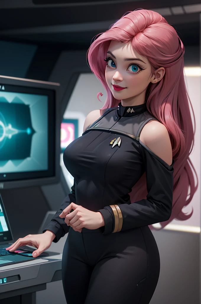 wide shot, ((best quality)), ((highly detailed)), masterpiece, (detailed eyes, deep eyes), (1girl), dynamic angle, cowboy shot, mlpfluttershy, woman, smile, looking at viewer, ((long pink hair)), ((teal eyes)), Standing next to a computer panel, , large breasts, realistic proportions, curvy body, lipstick, curvy hips, subtly visible breasts, (((star trek warp core background))), dim lighting, facing computer screen, (((black uniform, grey shoulders))), opening jacket, holding a tablet, 
