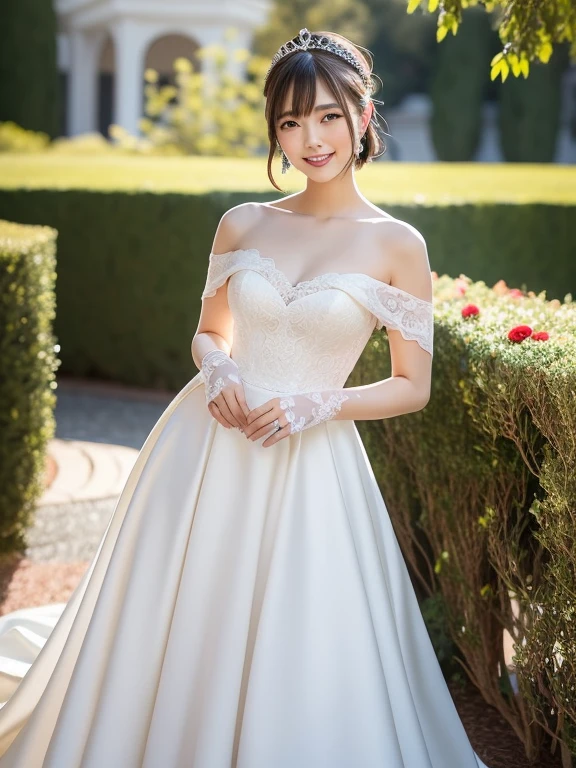 (Best quality: 1.5), (Realistic: 1.5), (1 person: 1.5), (Medium shot: 1.5), Highly detailed, High resolution, 8k, Medium breasts, Natural colored lips, Cute smile, Japanese woman, 20-year-old girl, beautiful and elegant features, perfect and beautiful face, large eyes with good balance between the left and right sides, brunette eyes, beautiful and elegant features, beautiful double eyelids, natural bangs, beautiful thin nose, beautiful skin, fair skin, (medium bob hair), natural bangs, perfect and beautiful face, slim face and figure, (looks at the camera with a sweet smile), bright lighting, professional lighting, forward lighting, princess line wedding dress, best Wearing a luxury bridal tiara (wearing a pure white off-shoulder wedding dress), luxury wedding dress, lace white gloves, bridal veil, (Western garden with beautiful roses), Western garden, holding the hem of the skirt,
