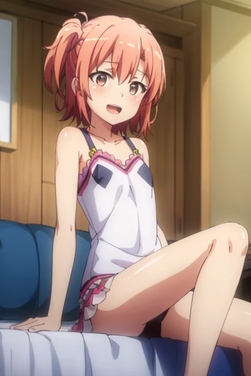 ((highest quality)), ((masterpiece)), (be familiar with), Perfect Face, indoor, Bedroom, Watching the audience,
One woman, Yuigahama Yui,
Open Mouth, Ecstatic expression, blush, smile,
Small breasts, Flat Chest, Young Girl, , , Girl,
Short Hair, Salmon-colored hair, Salmon-colored eyes, Side Pony,
Leg spread,