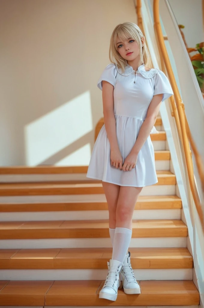 a woman blonde 18 años in a white dress and knee high socks posing for a picture on a balcony with a view of the city, mingei,, a polaroid photo, angelic