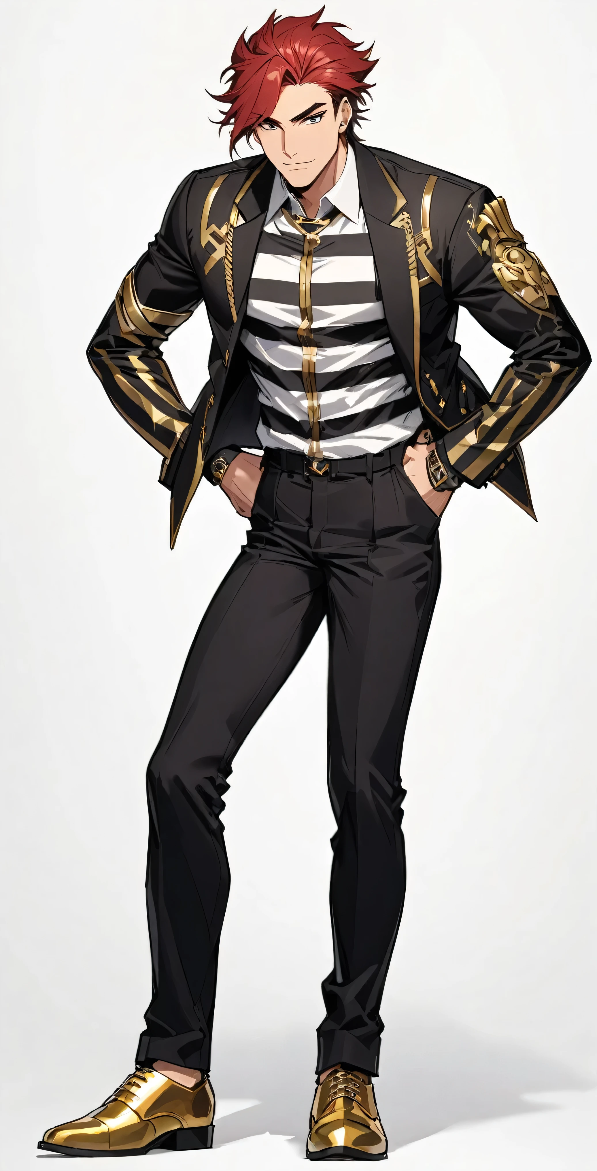 rosto masculino, 1 homem, rosto dos homens, homem adulto, Bonito, a man with red hair in a black suit with a gold band on his right arm, white shirt with black horizontal stripes, black pants, gold moccasin shoes jaqueta, mais detalhes, Antecedentes ciberpunk, Os 70 mm, hyper-detailed, perfectly designed