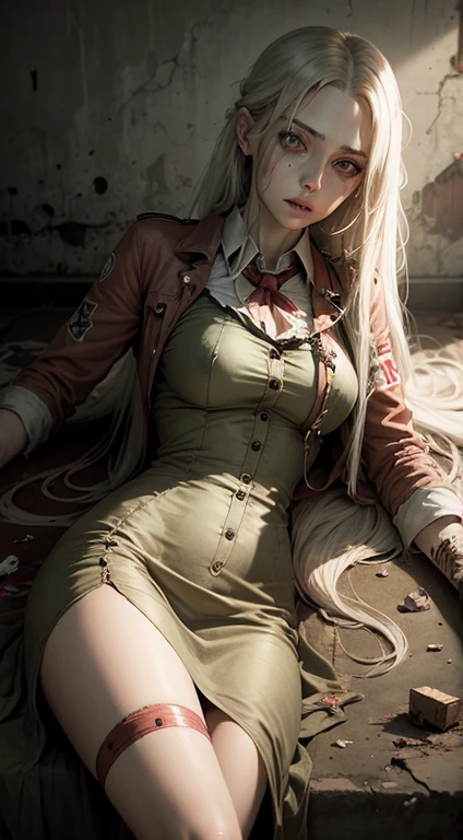 masterpiece, realistic, Illustration of a beautiful zombie nurse lady, with long hair, green eyes, pale skin lying in front of an abandoned hospital