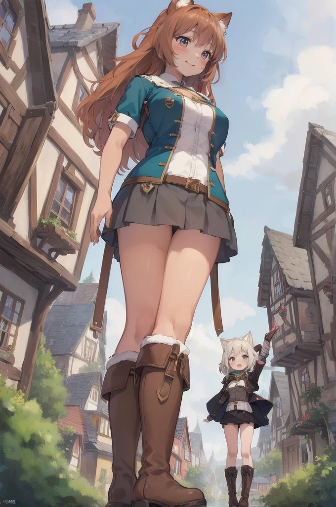 (brown skinned giantess), (catgirl), :3, gambeson, poor clothing, adventurer clothing , fluffy ears, (2girls:1.5), (height_difference:1.8), (size_difference:1.1), (tiny village in front of the closeup boots of a giantess), a tiny woman below the breasts of a giantess, forest background, simple background, (miniature woman in tiny village: 1.1), (tiny village: 1.5), super cute girl, (very tall: 1.1), (closeup breasts and face), (closeup boots)