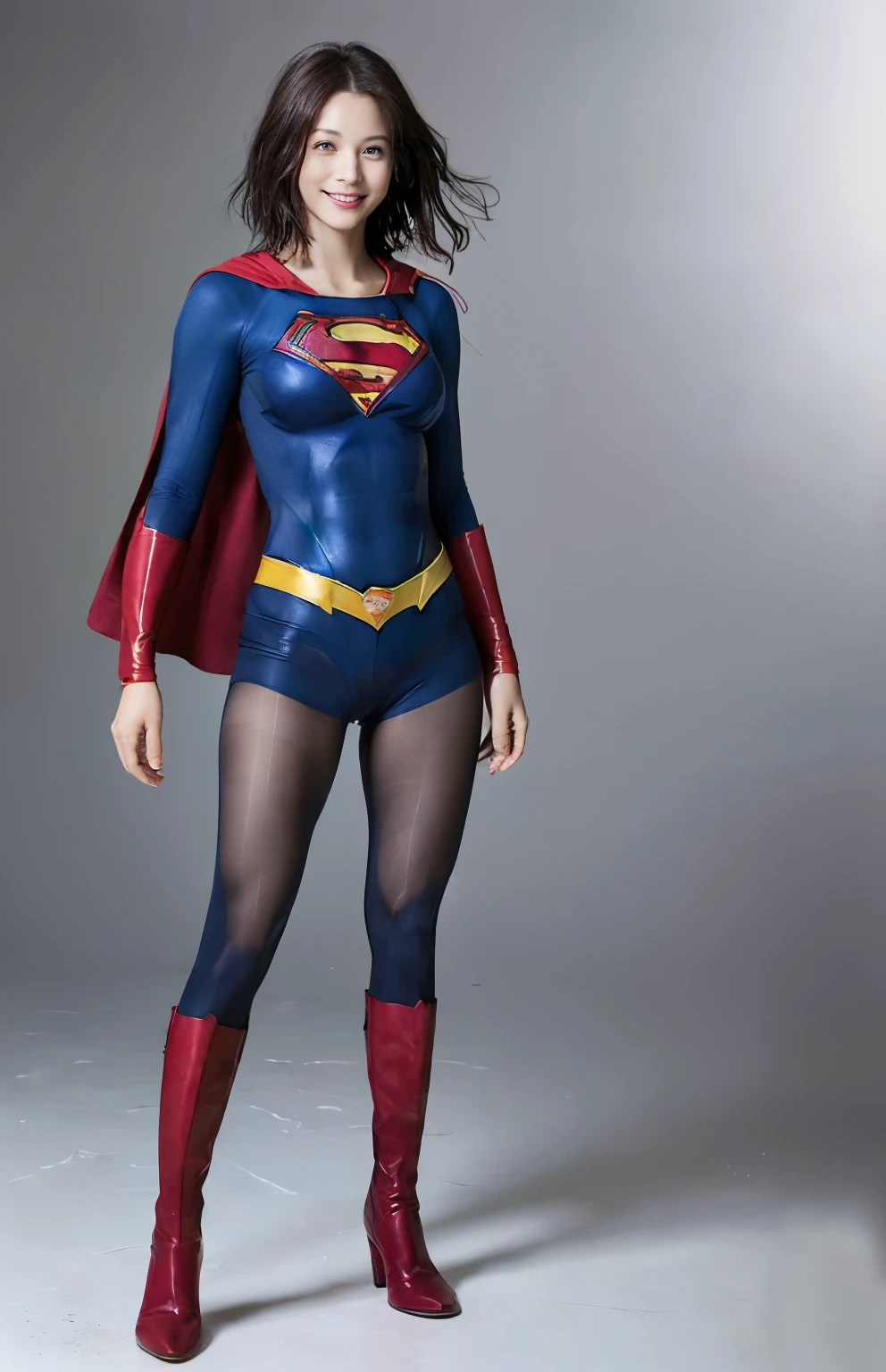 No background、(((Beautiful legs in black tights.)))、(((Legally express the beauty of your smile)))、((((Make the most of your original images)))、(((Body-hugging Supergirl costume)))、(((Supergirl Costume)))、(((Beautiful short bob hair)))、(((She is winking cutely.)))、(((Please wear black tights....、Wear red boots)))、((Best image quality、8k))、((highest quality、8k、masterpiece:1.3))、(((Preserve background )))、Sharp focus:1.2、Beautiful woman with perfect figure:1.4、Slim Abs:1.2、Wet body:1.5、Highly detailed face and skin texture、8k