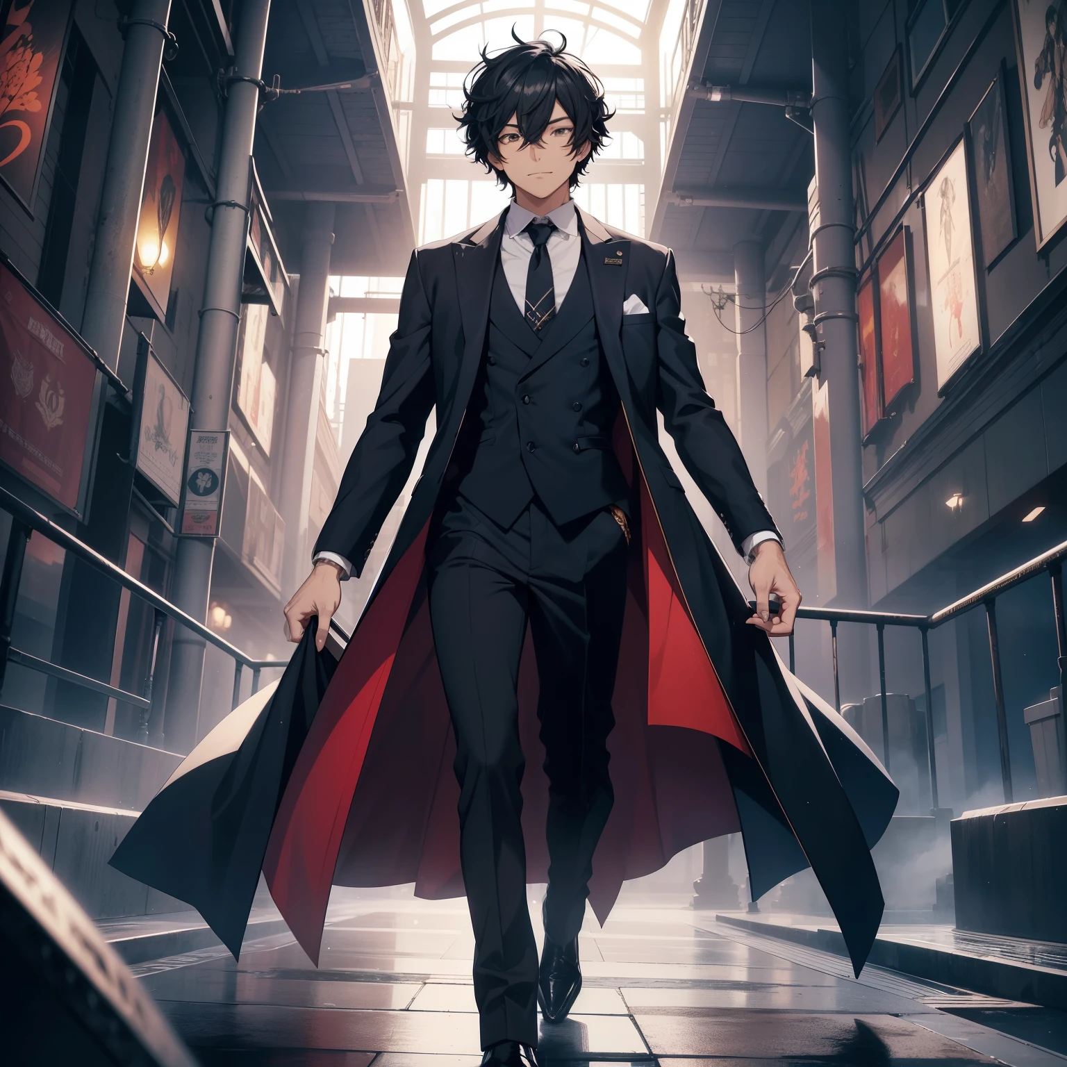 Black-haired, curly and cascading over one shoulder, sits a charismatic anime character, dressed in a sleek aristocratic black suit with a tie. His solid, circular eyes sparkle with a light smile, accentuated by the presence of fangs. His full body is the focal point of this detailed portrait, showcasing the intricate details of his costume, inspired by Okumura Masanobu's style.

In this single character, full body portrait, the subject is tastefully zoomed out, providing a comprehensive view of his attire. The atmosphere is filled with both the mysterious allure of Surrealism and the captivating depth of atmospheric perspective. A