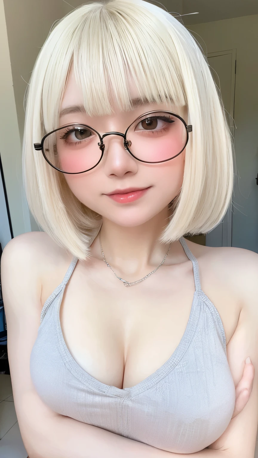 Beautiful and fair、Radiant Skin, 3 Up, Gorgeous, bright, Refreshing and gentle expression, Perfect beautiful face、Beautiful shiny bangs, A very beautiful 17 year old girl, Eyeliner, Very perfect eyes，Very large breasts，Grooves reveal original skin，Muscular body，Light Khaki Yoga Wear，Upper Body，Silver glasses