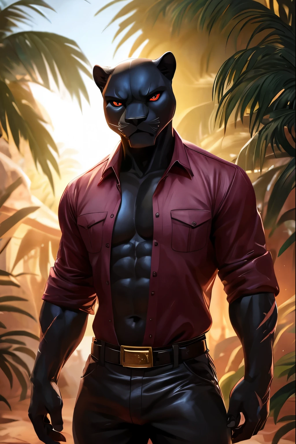 Masterpieces, furry, male, Anthropomorphic, full body, old age, rugged, black panther, proper fit body type, slender body type, Delicate eyes, white goatee, white fur, glistening body, criminal, ebony skin, depth of field, warm lighting, bright lighting, (best quality),(masterpiece),(ultra detailed), sharp focus, jungle background, fierce look, evil grins, scars, glossy, oiled up skin, open maroon army shirt, dark red camo pants,