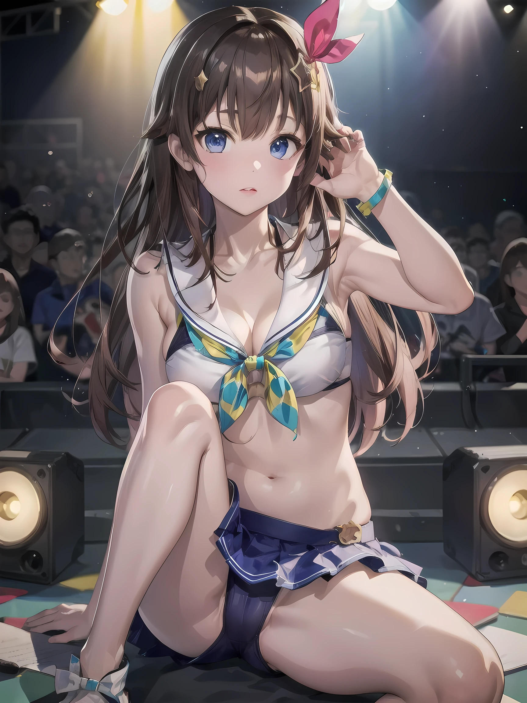 (realistic, photo realistic:1.2), ((highest quality)), beautiful face details, real human skin, pretty embarrassing, SoraSummer, long hair, star hair ornament, hair ribbon, blue eyes, sailor bikini, blue skirt, wristband, Cowboy Shot, sitting on speaker, knees raised, spread legs, Cute face, deadpan, Looking at Viewer, (on stage), (stage lights), (crowd, audience:1.3), from below