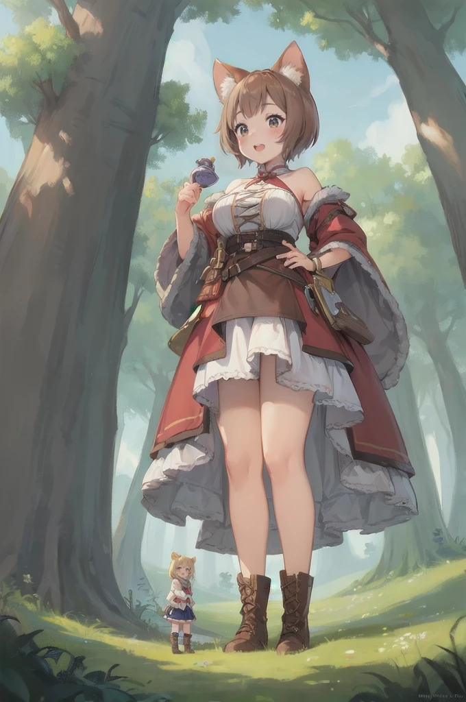 (brown skinned giantess), (catgirl), :3, gambeson, poor clothing, adventurer clothing , fluffy ears, (2girls:1.5), (height_difference:1.8), (size_difference:1.1), (tiny village in front of the closeup boots of a giantess), a tiny woman below the breasts of a giantess, forest background, simple background, (miniature woman in tiny village: 1.1), (tiny village: 1.5), super cute girl, (very tall: 1.1), (closeup breasts and face)