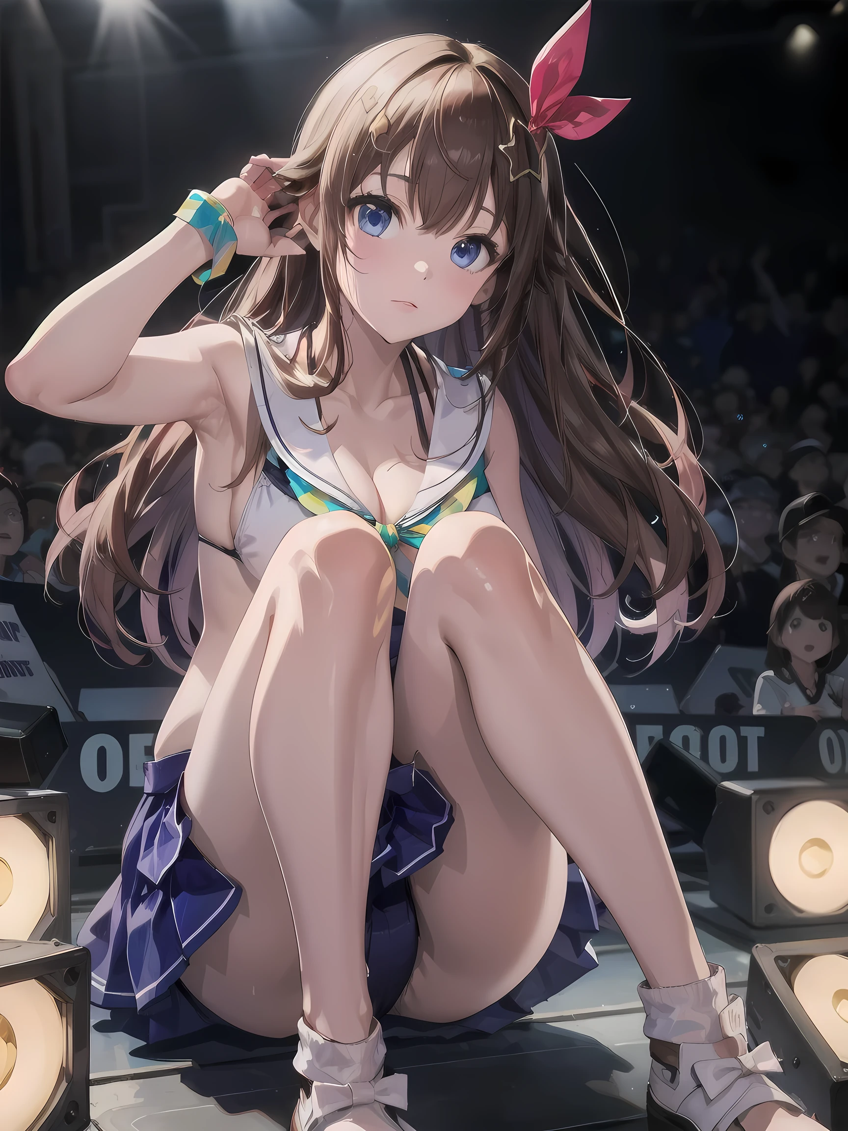 (realistic, photo realistic:1.2), ((highest quality)), beautiful face details, real human skin, pretty embarrassing, SoraSummer, long hair, star hair ornament, hair ribbon, blue eyes, sailor bikini, blue skirt, wristband, Cowboy Shot, sitting on speaker, knees raised, spread legs, Cute face, deadpan, Looking at Viewer, (on stage), (stage lights), (crowd, audience:1.3), from below