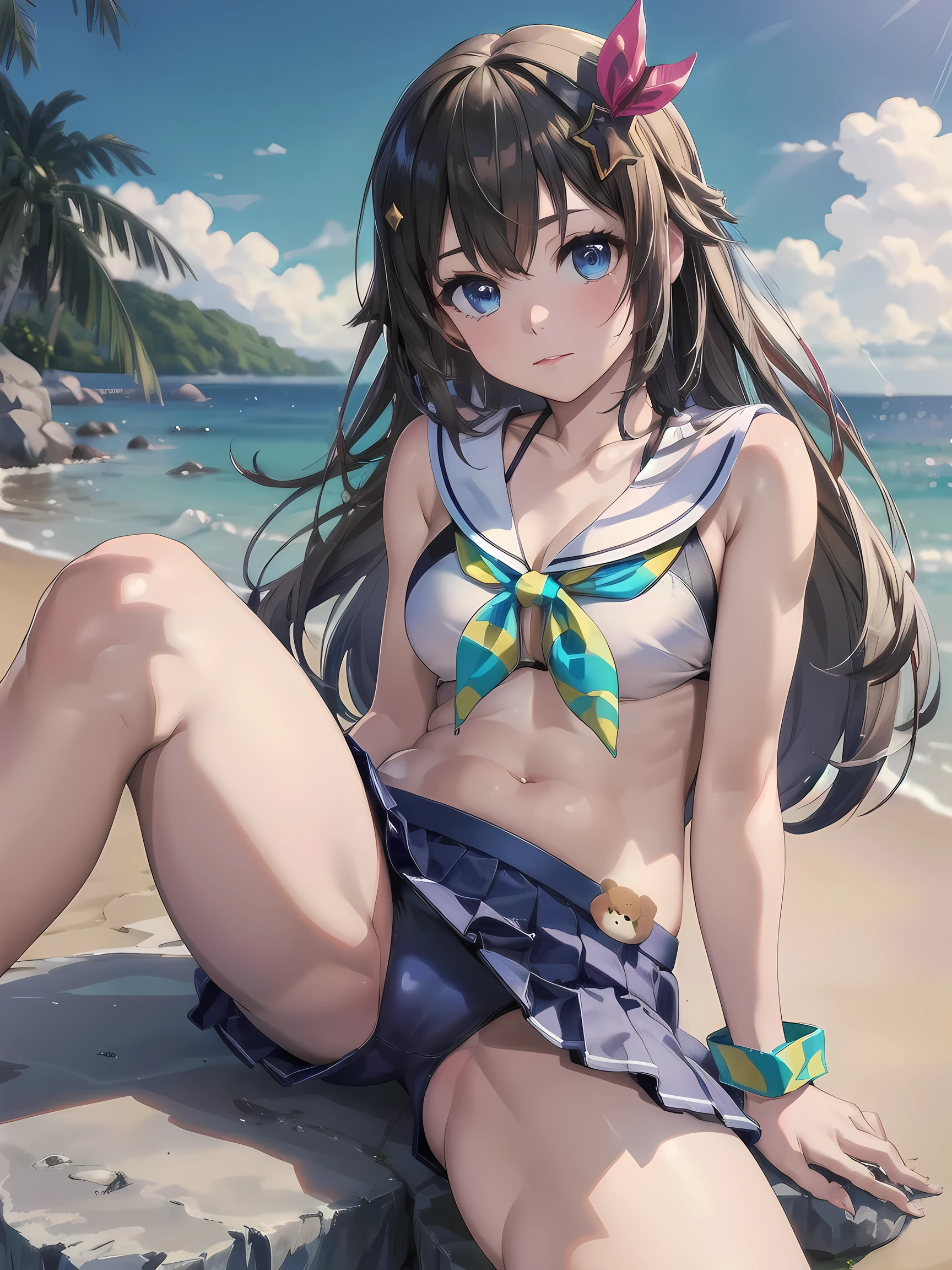 (realistic, photo realistic:1.2), ((highest quality)), beautiful face details, real human skin, pretty embarrassing, SoraSummer, long hair, star hair ornament, hair ribbon, blue eyes, sailor bikini, blue skirt, wristband, Cowboy Shot, sitting on rock, knees raised, spread legs, Cute face, deadpan, Looking at Viewer, beach, from below