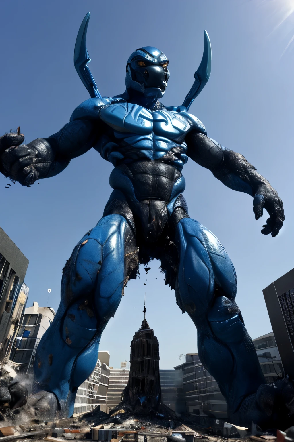 (full body), ((masterpiece,best quality)), (soft shading), 4k, hi res, Blue_Beetle_DC, humanized, macro in city, destruction, stomping, high angle