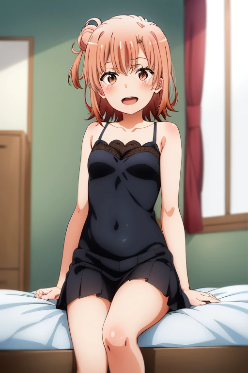 ((highest quality)), ((masterpiece)), (be familiar with), Perfect Face, indoor, Bedroom, Watching the audience,
One woman, Yuigahama Yui,
Open Mouth, Ecstatic expression, blush, smile,
Small breasts, Flat Chest, Young Girl, , , Girl,
Short Hair, Salmon-colored hair, Salmon-colored eyes, Side Pony,
Leg spread,