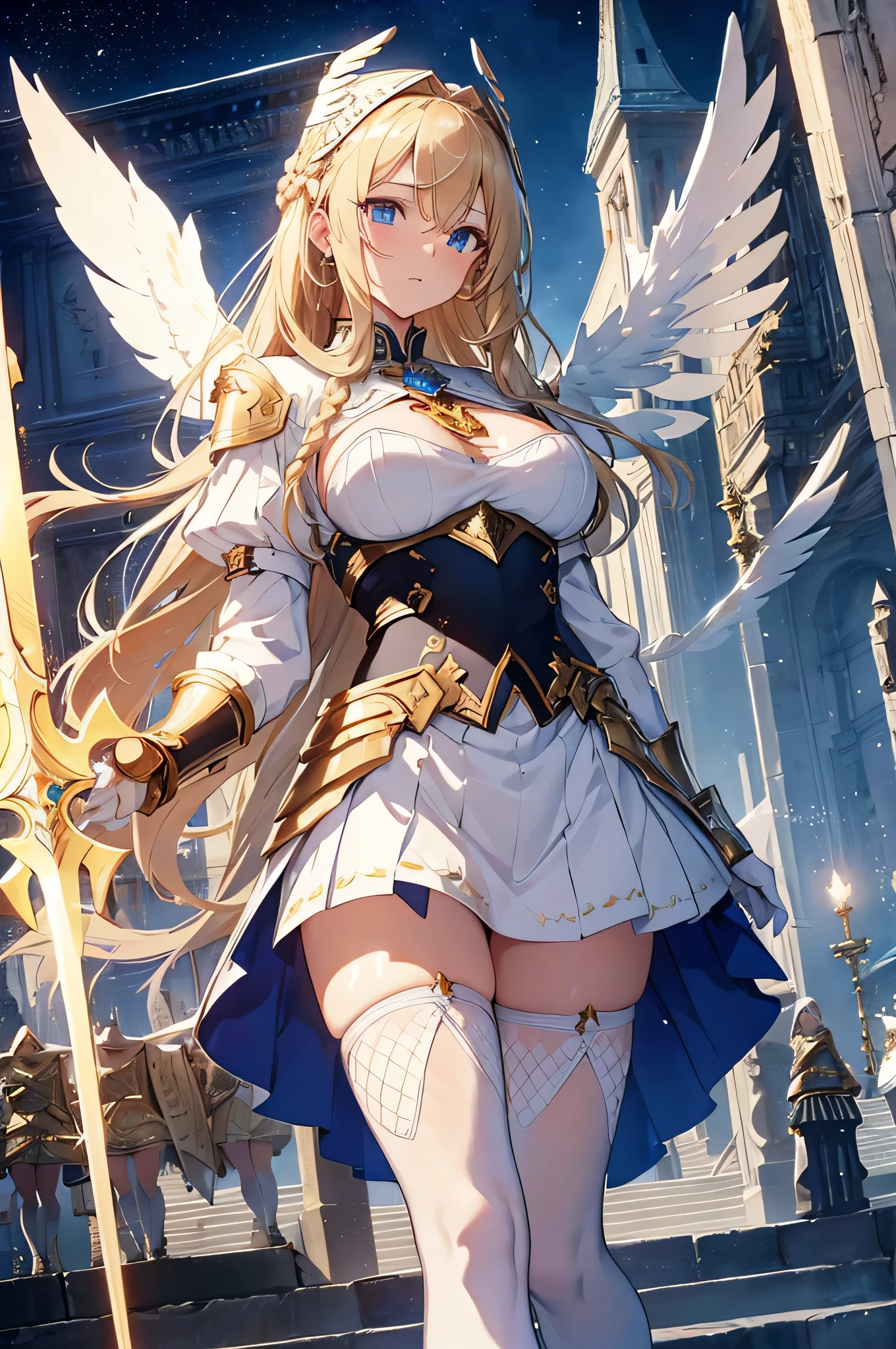 4k,High resolution,One Woman,Blonde,long hair,Braid,Blue Eyes,Big Breasts,Valkyrie,White sacred armor,Full Armor,Heavy Armor,white glove,White shoes,Fishnet tights,Winged headgear,Gold decoration,Jewelry decoration,Great Holy Sword,Sacred Shield,Temple in the Sky