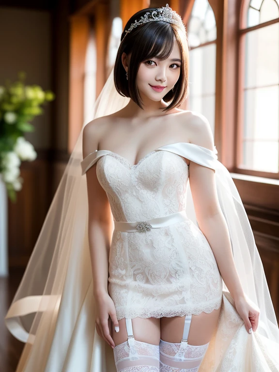 (Best quality: 1.5), (Realistic: 1.5), (1 person: 1.5), (Medium shot: 1.5), Highly detailed, High resolution, 8k, Medium breasts, Natural colored lips, Cute smile, Japanese woman, 20-year-old girl, beautiful and elegant features, perfect and beautiful face, large eyes with good balance between the left and right sides, brunette eyes, beautiful and elegant features, beautiful double eyelids, natural bangs, beautiful thin nose, beautiful skin, fair skin, (medium bob hair), natural bangs, perfect and beautiful face, slim face and figure, (looks at the camera with a sweet smile), bright lighting, professional lighting, forward lighting, princess line wedding dress, best Wearing a luxury bridal tiara (wearing a pure white off-shoulder wedding dress), luxury wedding dress, lace white gloves, bridal veil, (Western garden with beautiful roses), Western garden, micro mini skirt, ((garter belt)), knee-high lace stockings,