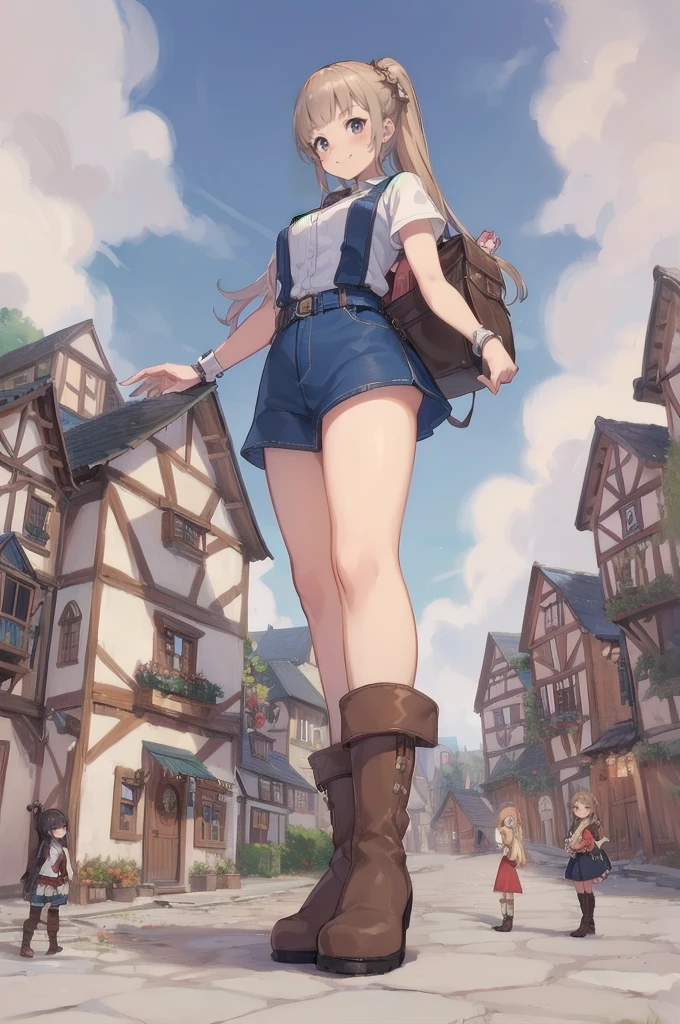 (brown skinned giantess), gambeson, poor clothing, adventurer clothing, super cute girly outfit, (2girls:1.5), (height_difference:1.8), (size_difference:1.1), (tiny village in front of the closeup boots of a giantess), a tiny woman below the breasts of a giantess, forest background, simple background, (miniature woman in tiny village: 1.1), (tiny village: 1.5), super cute girl, (very tall: 1.1), (giantess in the background: 1.1)