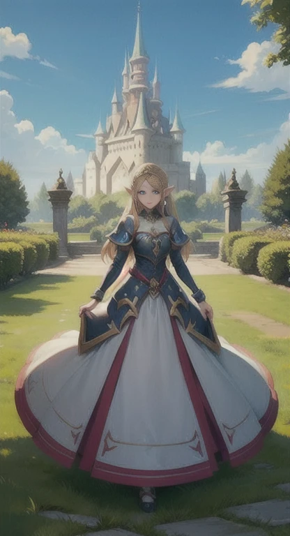 masterpiece, best quality, hylian era, princess Hylia, royal armor, castle garden,