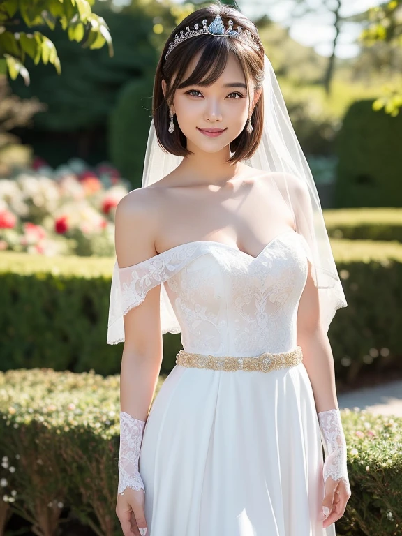 (Best quality: 1.5), (Realistic: 1.5), (1 person: 1.5), (Medium shot: 1.5), Highly detailed, High resolution, 8k, Medium breasts, Natural colored lips, Cute smile, Japanese woman, 20-year-old girl, beautiful and elegant features, perfect and beautiful face, large eyes with good balance between the left and right sides, brunette eyes, beautiful and elegant features, beautiful double eyelids, natural bangs, beautiful thin nose, beautiful skin, fair skin, (medium bob hair), natural bangs, perfect and beautiful face, slim face and figure, (looks at the camera with a sweet smile), bright lighting, professional lighting, forward lighting, princess line wedding dress, best Wearing a luxury bridal tiara (wearing a pure white off-shoulder wedding dress), luxury wedding dress, lace white gloves, bridal veil, (Western garden with beautiful roses), Western garden, micro mini skirt, ((garter belt)), knee-high lace stockings,