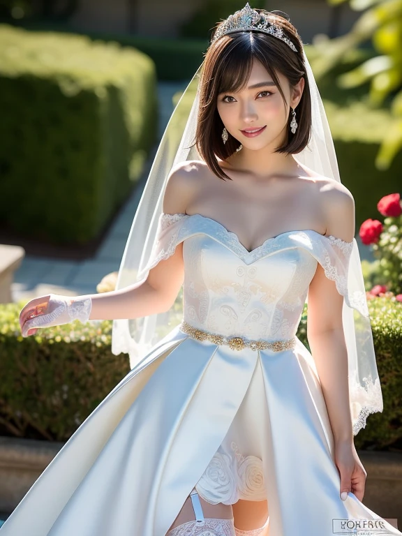 (Best quality: 1.5), (Realistic: 1.5), (1 person: 1.5), (Medium shot: 1.5), Highly detailed, High resolution, 8k, Medium breasts, Natural colored lips, Cute smile, Japanese woman, 20-year-old girl, beautiful and elegant features, perfect and beautiful face, large eyes with good balance between the left and right sides, brunette eyes, beautiful and elegant features, beautiful double eyelids, natural bangs, beautiful thin nose, beautiful skin, fair skin, (medium bob hair), natural bangs, perfect and beautiful face, slim face and figure, (looks at the camera with a sweet smile), bright lighting, professional lighting, forward lighting, princess line wedding dress, best Wearing a luxury bridal tiara (wearing a pure white off-shoulder wedding dress), luxury wedding dress, lace white gloves, bridal veil, (Western garden with beautiful roses), Western garden, micro mini skirt, ((garter belt)), knee-high lace stockings,