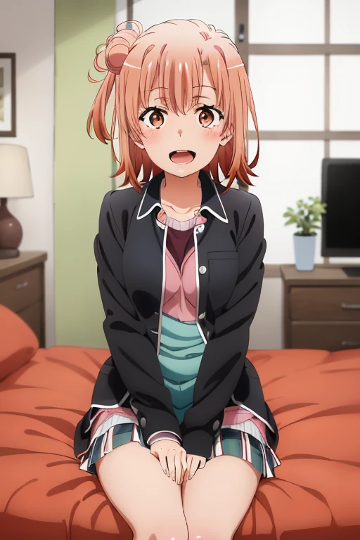 ((highest quality)), ((masterpiece)), (be familiar with), Perfect Face, indoor, Bedroom, Watching the audience,
One woman, Yuigahama Yui,
Open Mouth, Ecstatic expression, blush, smile,
Small breasts, Flat Chest, Young Girl, , , Girl,
Short Hair, Salmon-colored hair, Salmon-colored eyes, Side Pony,
Leg spread,