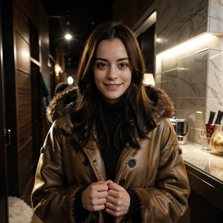 Kaya Scodelario dressed in fur clothing and smiling
