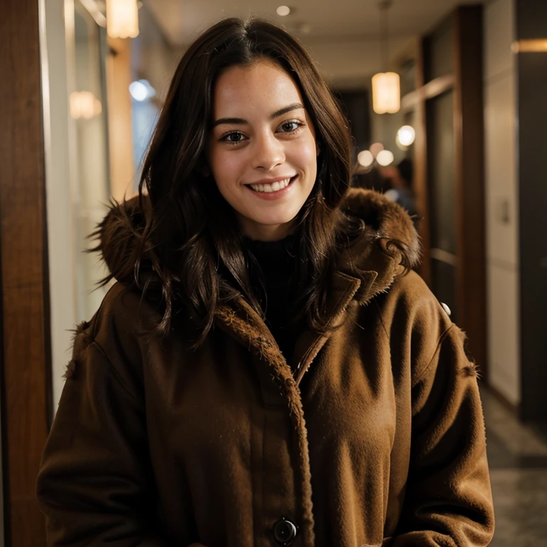Kaya Scodelario dressed in fur clothing and smiling