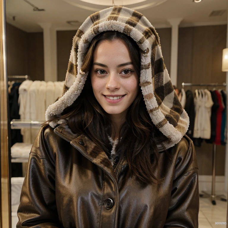 Kaya Scodelario dressed in fur clothing and smiling