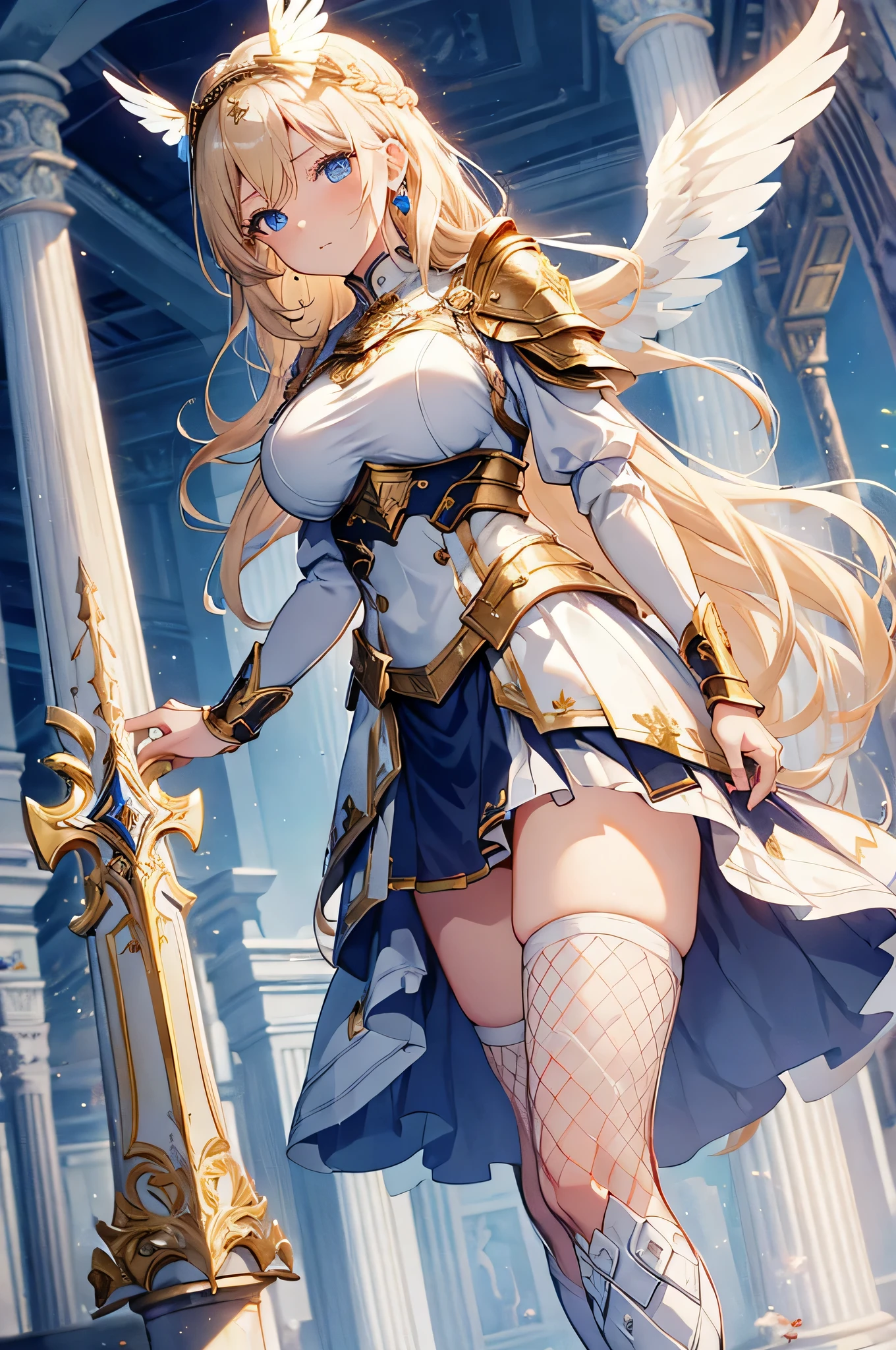 4k,High resolution,One Woman,Blonde,long hair,Braid,Blue Eyes,Big Breasts,Valkyrie,White sacred armor,Full Armor,Heavy Armor,white glove,White shoes,Fishnet tights,Winged headgear,Gold decoration,Jewelry decoration,Great Holy Sword,Sacred Shield,Temple in the Sky