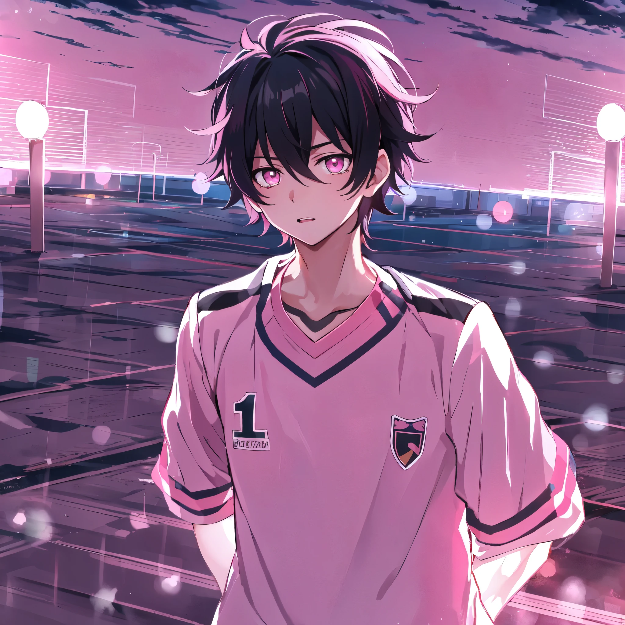 (solo), (alone), (anime boy masculino), (soccer uniform) , black hair , pink eyes, pink aura, night