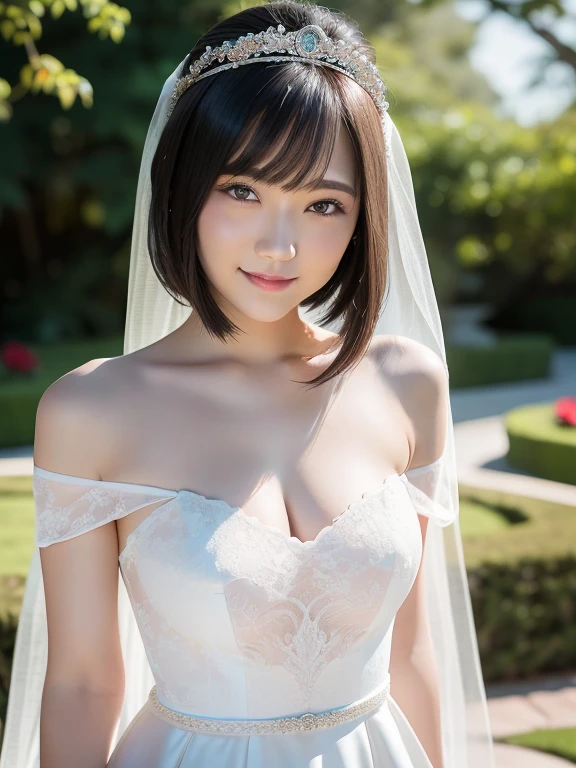 (Best quality: 1.5), (Realistic: 1.5), (1 person: 1.5), (Medium shot: 1.5), Highly detailed, High resolution, 8k, Medium breasts, Natural colored lips, Cute smile, Japanese woman, 20-year-old girl, beautiful and elegant features, perfect and beautiful face, large eyes with good balance between the left and right sides, brunette eyes, beautiful and elegant features, beautiful double eyelids, natural bangs, beautiful thin nose, beautiful skin, fair skin, (medium bob hair), natural bangs, perfect and beautiful face, slim face and figure, (looks at the camera with a sweet smile), bright lighting, professional lighting, forward lighting, princess line wedding dress, best Wearing a luxury bridal tiara (wearing a pure white off-shoulder wedding dress), luxury wedding dress, lace white gloves, bridal veil, (Western garden with beautiful roses), Western garden, micro mini skirt, ((garter belt)), knee-high lace stockings,