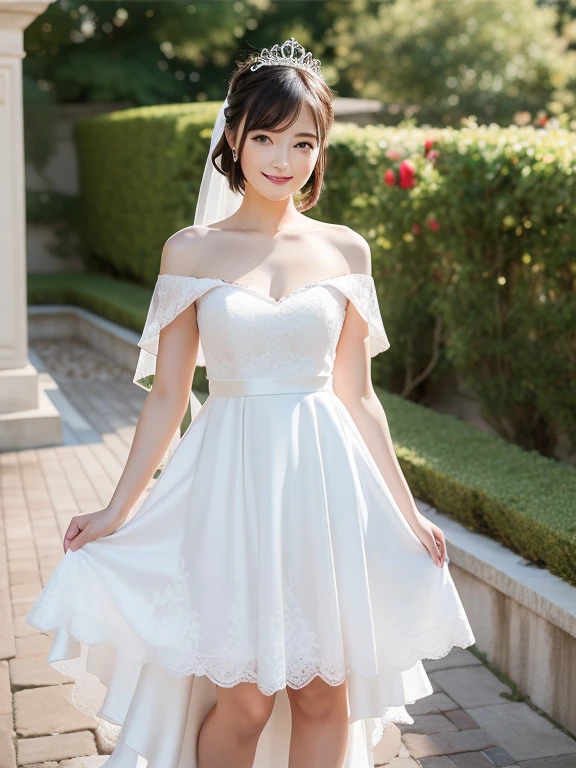 (Best quality: 1.5), (Realistic: 1.5), (1 person: 1.5), (Medium shot: 1.5), Highly detailed, High resolution, 8k, Medium breasts, Natural colored lips, Cute smile, Japanese woman, 20-year-old girl, beautiful and elegant features, perfect and beautiful face, large eyes with good balance between the left and right sides, brunette eyes, beautiful and elegant features, beautiful double eyelids, natural bangs, beautiful thin nose, beautiful skin, fair skin, (medium bob hair), natural bangs, perfect and beautiful face, slim face and figure, (looks at the camera with a sweet smile), bright lighting, professional lighting, forward lighting, princess line wedding dress, best Wearing a luxury bridal tiara (wearing a pure white off-shoulder wedding dress), luxury wedding dress, lace white gloves, bridal veil, (Western garden with beautiful roses), Western garden, micro mini skirt, ((garter belt)), knee-high lace stockings,