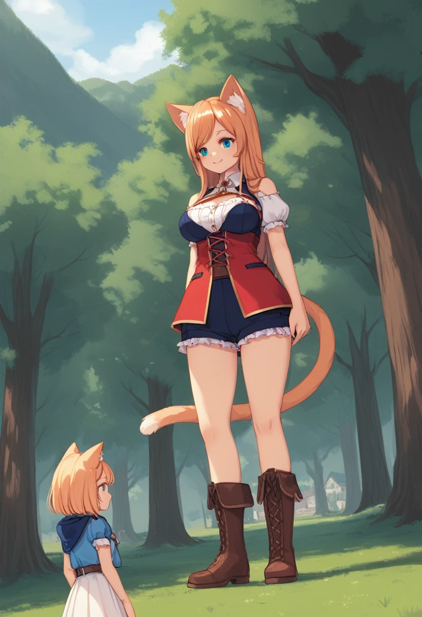 (tan skinned giantess), (catgirl), :3, gambeson, poor clothing, adventurer clothing , fluffy ears, (2girls:1.5), (height_difference:1.8), (size_difference:1.1), (tiny village in front of the closeup boots of a giantess), a tiny woman below the breasts of a giantess, forest background, simple background, (miniature woman in tiny village: 1.1), (tiny village: 1.5), super cute girl, (very tall: 1.1), (closeup breasts and face in the background: 1.1)