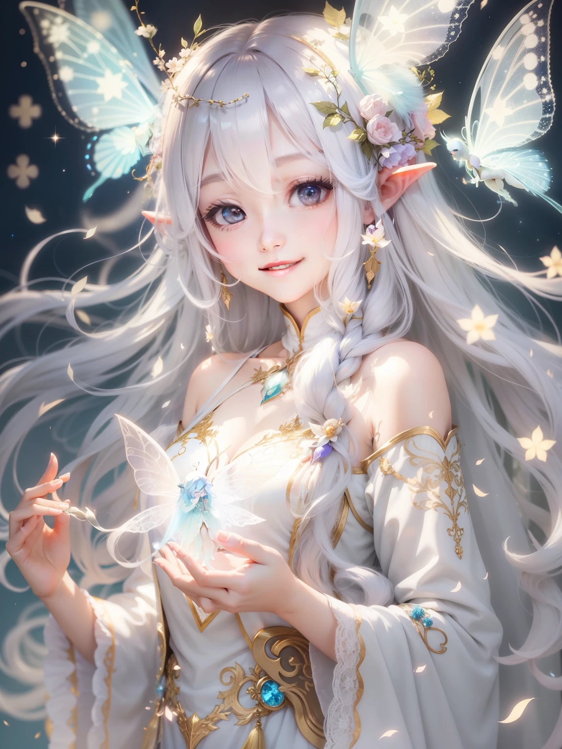 Beautiful Faerie、Long white hair、smile、Shining Light、Beautiful light