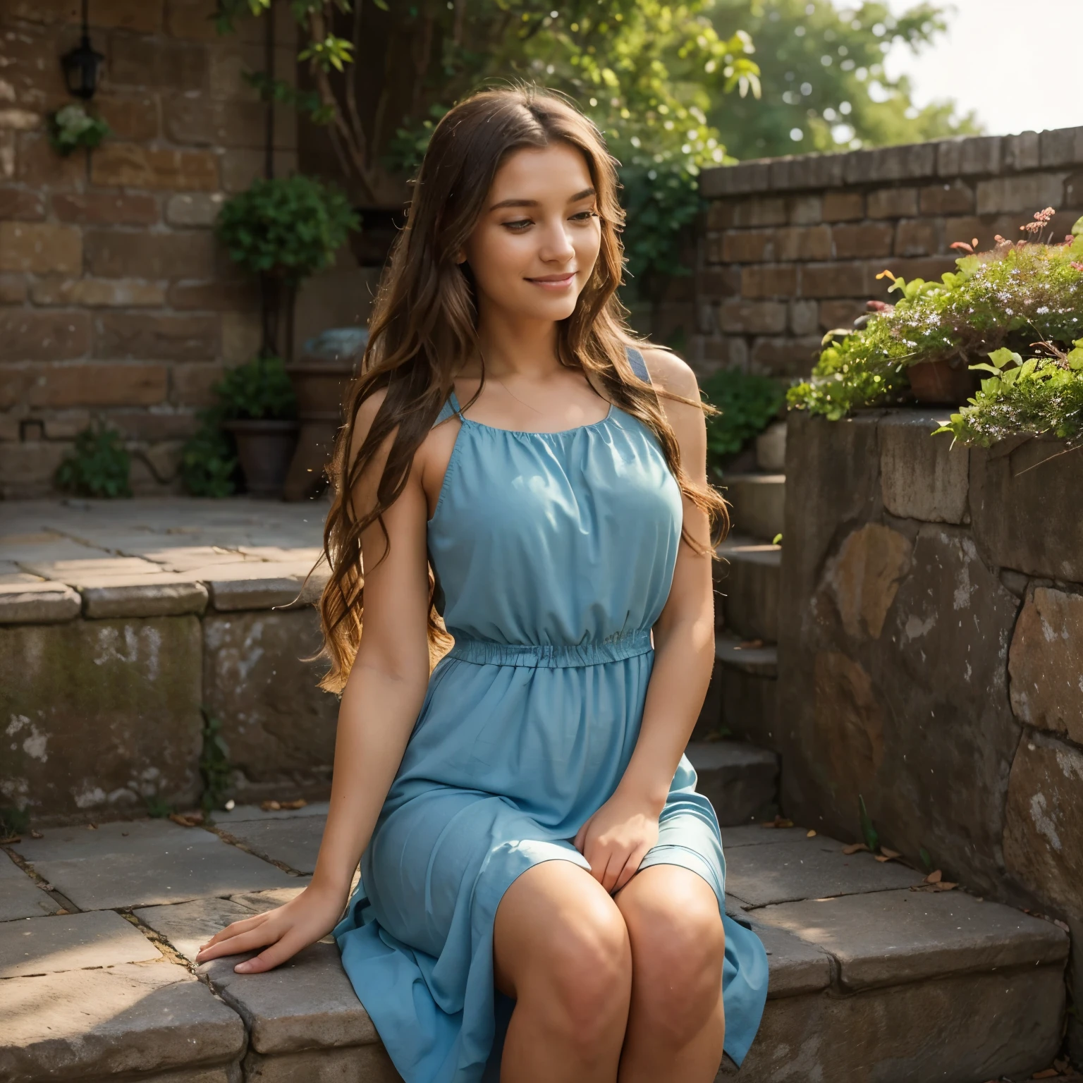 A serene and picturesque scene of a young woman with long, wavy brown hair, seated gracefully on a set of stone steps. She wears a
captivating blue sleeveless dress that flows gently with the breeze. Her smile is bright and inviting as she gazes into the distance, her right hand resting on her knee. The backdrop features brick walls that add depth and texture to the scene, while the warm, natural lighting casting a golden hue creates a soothing ambiance, as if capturing a moment of tranquility during the late afternoon or early evening.