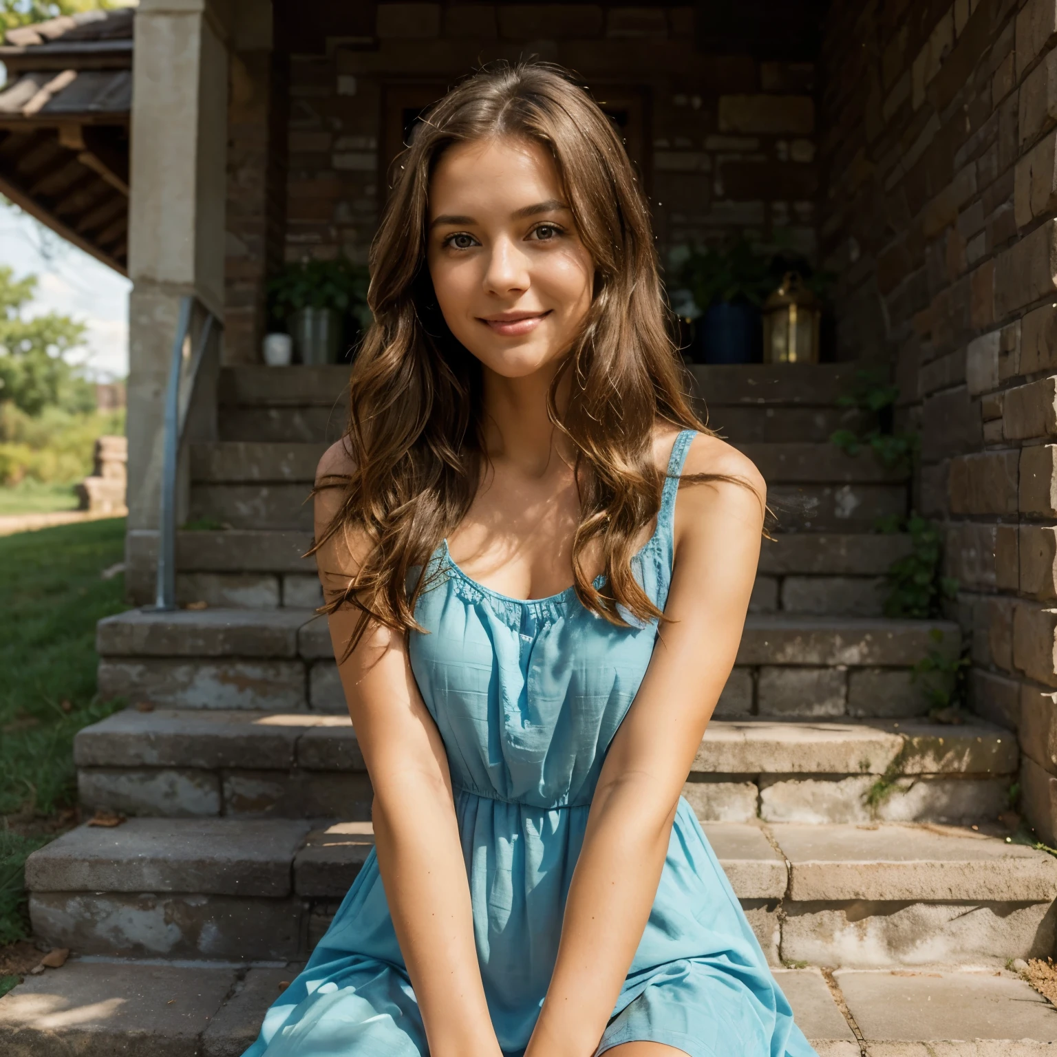 A serene and picturesque scene of a young woman with long, wavy brown hair, seated gracefully on a set of stone steps. She wears a
captivating blue sleeveless dress that flows gently with the breeze. Her smile is bright and inviting as she gazes into the distance, her right hand resting on her knee. The backdrop features brick walls that add depth and texture to the scene, while the warm, natural lighting casting a golden hue creates a soothing ambiance, as if capturing a moment of tranquility during the late afternoon or early evening.