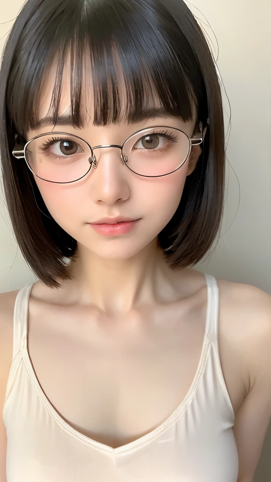 Beautiful and fair、Radiant Skin, 3 Up, Gorgeous, bright, Refreshing and gentle expression, Perfect beautiful face、Beautiful shiny bangs, A very beautiful 17 year old girl, Eyeliner, Very perfect eyes，Very large breasts，Grooves reveal original skin，Muscular body，Light Khaki Yoga Wear，Upper Body，Silver glasses