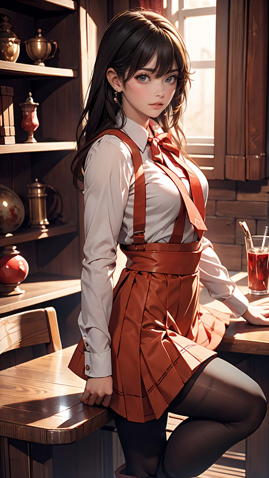 beautiful, masterpiece, highest quality, Highly detailed face, Perfect lighting, One girl, alone, matoi ryuuko b, senketsu, Suspender skirt, squat,blush, Cowboy Shot