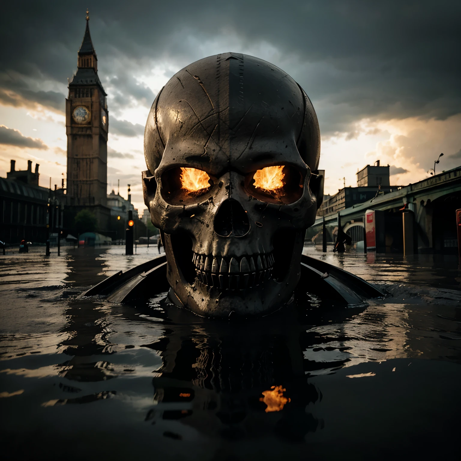 Apocalypse, London, flood, destruction, a fire, scull 