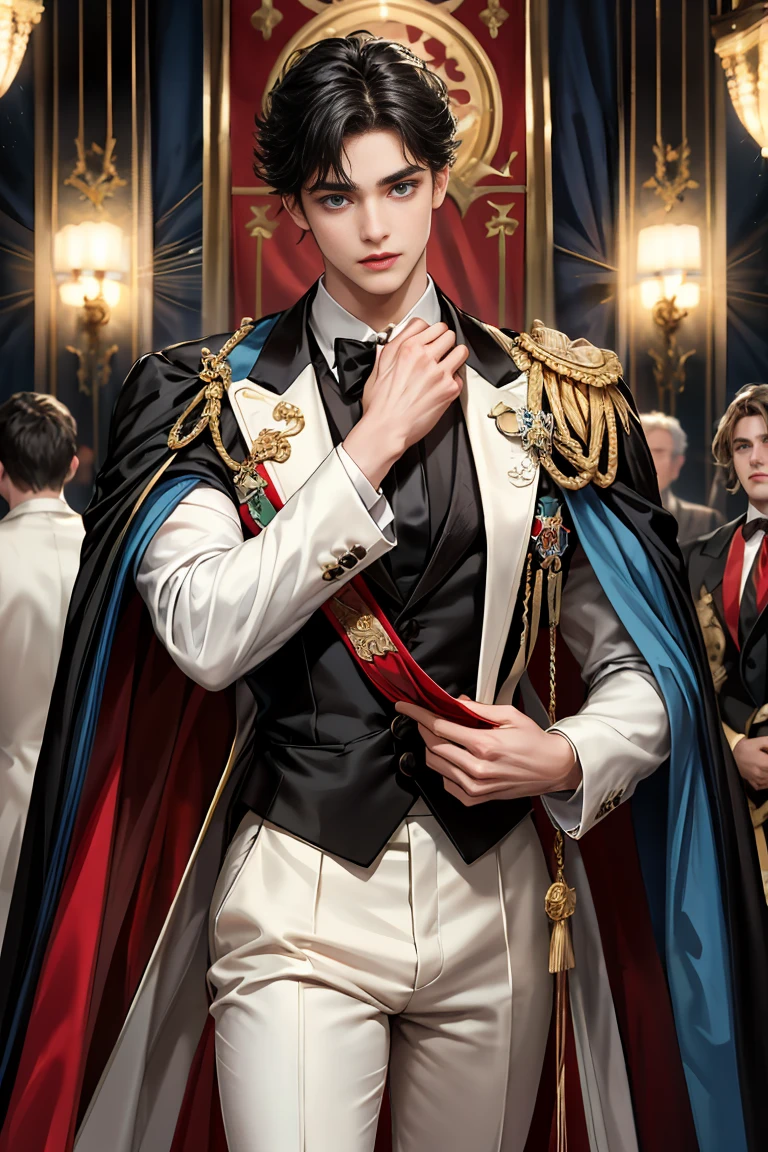masterpiece, 最high quality, high quality, 1 boy, alone, Male focus, Watching the audience, Messy black hair, Adorable big blue eyes, White, Noble, Noble, Tuxedo、A very voluminous, large, very large, very large, long, long red and black cape with a high stand-up collar, made of a lot of fabric that reaches down to the floor., 17 years old,Cute beautiful boys,Cute, cute, kind, handsome guy