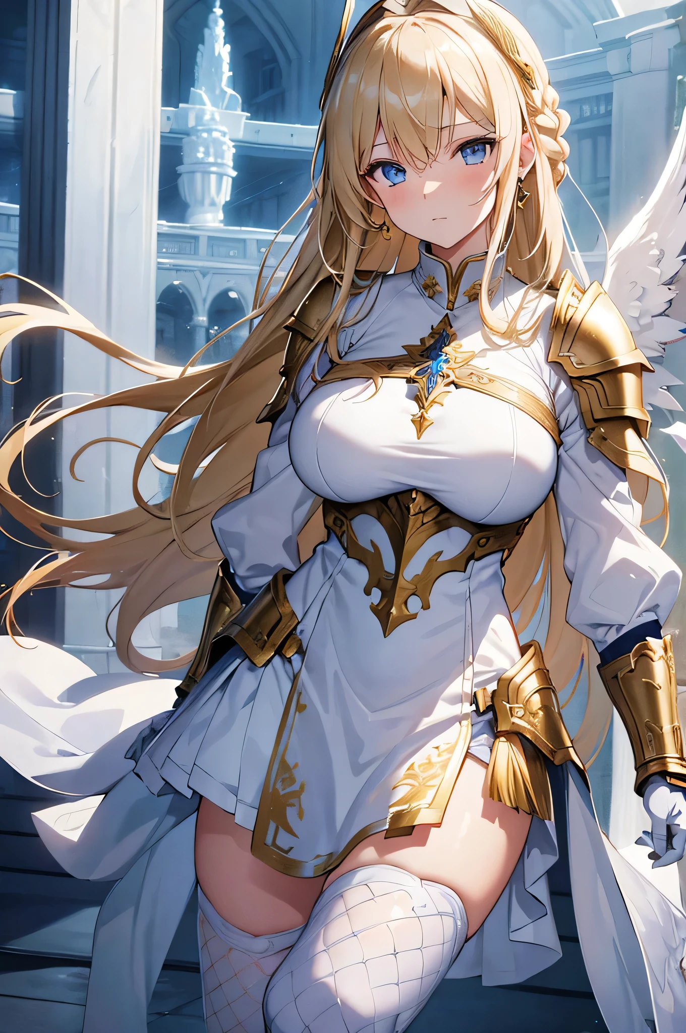 4k,High resolution,One Woman,Blonde,long hair,Braid,Blue Eyes,Big Breasts,Valkyrie,White sacred armor,Full Armor,Heavy Armor,white glove,White shoes,Fishnet tights,Winged headgear,Gold decoration,Jewelry decoration,Great Holy Sword,Temple in the Sky