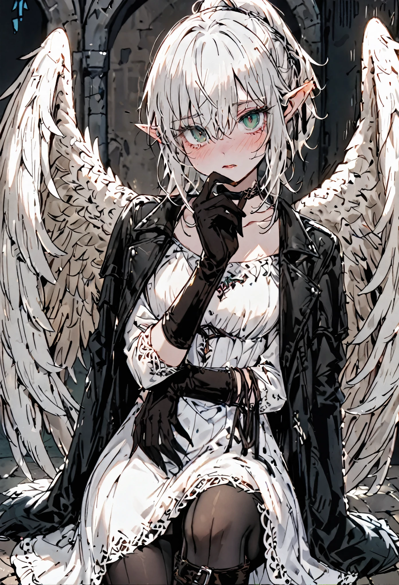 solo, female, sfw, warm, harem, medieval, harpy, large wings, wings, short, shy, dazed, unsure, emerald eyes, thick lashes, short hair, half tied ponytail hair, worn clothes, white dress, thin, shy pose, medium shot, claws, white scales on hands, ruffled feathers, blush, feather on hair, red eyes, elf ears, pantyhose, white dress, leather coat, black gloves, leather boots, ((Her left eye is hidden by her hair...)), hair over one eye, choker, masterpiece