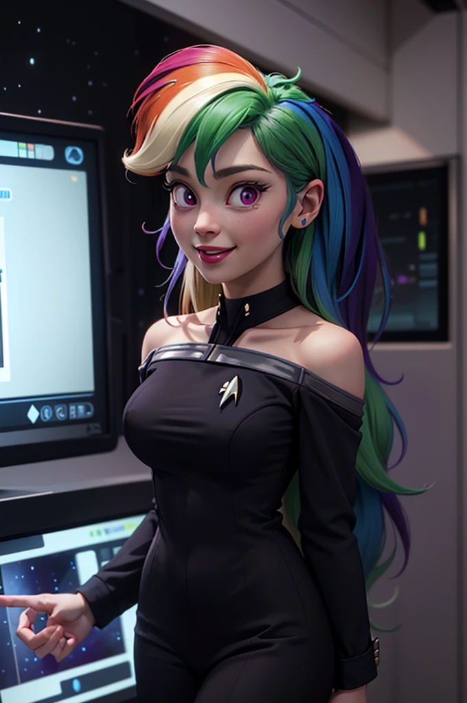 wide shot, ((best quality)), ((highly detailed)), masterpiece, (detailed eyes, deep eyes), (1girl), dynamic angle, cowboy shot, mlp rainbow dash, woman, smile, looking at viewer, ((rainbow colored hair)), ((purple eyes)), Standing next to a computer panel, , large breasts, realistic proportions, curvy body, lipstick, curvy hips, subtly visible breasts, (((star trek warp core background))), dim lighting, facing computer screen, (((black uniform, grey shoulders))), opening jacket, holding a tablet, 
