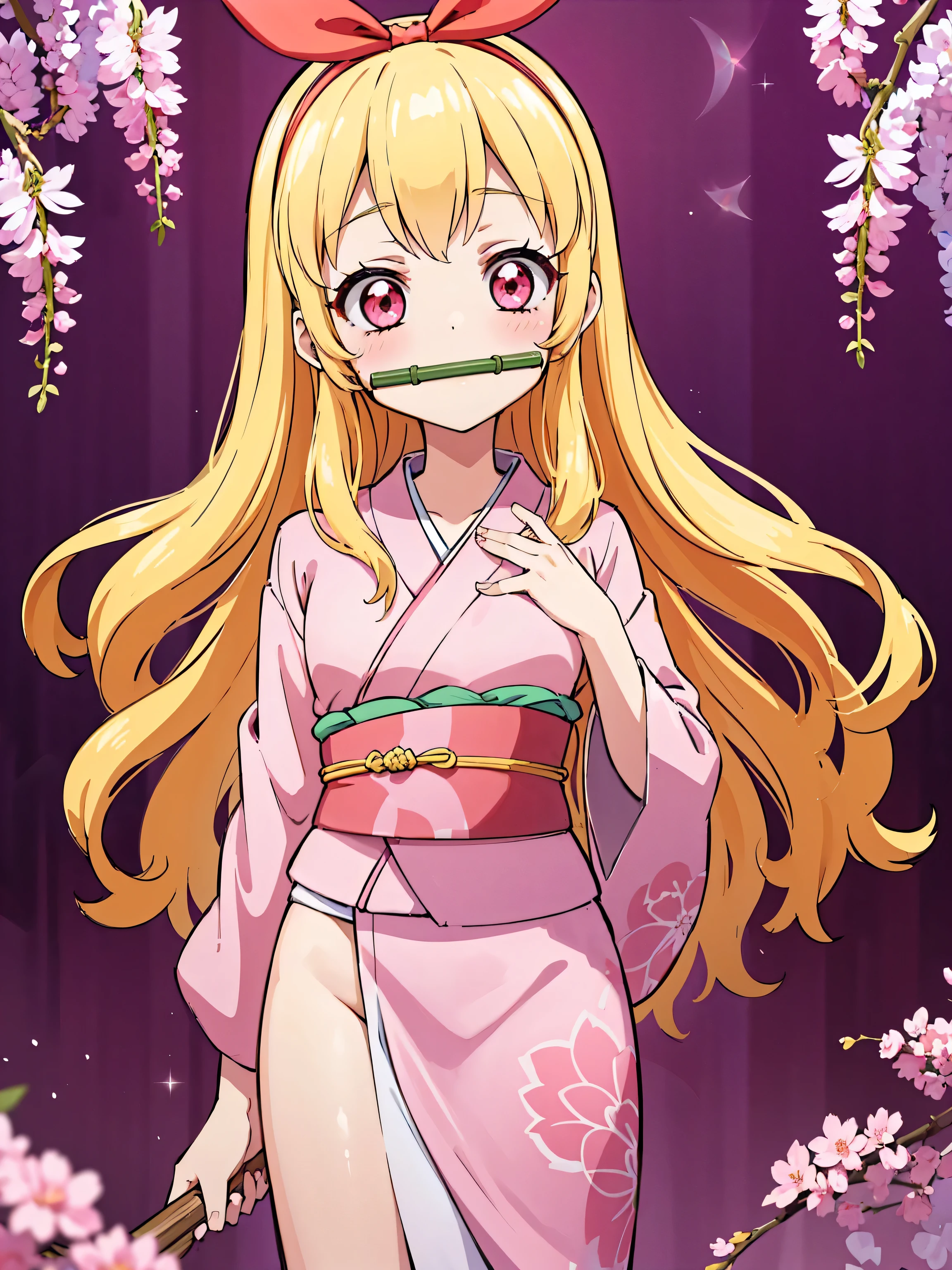masterpiece, (pink kimono), seductive face, good lighting, low-cut, fine details, masterpiece, glowing eyes, 1girl,Blonde hair, gag, bamboo, Nezuko Kamado, wisteria background, masterpiece, best quality, POV, whole body, wide hips,hosimiya ichigo