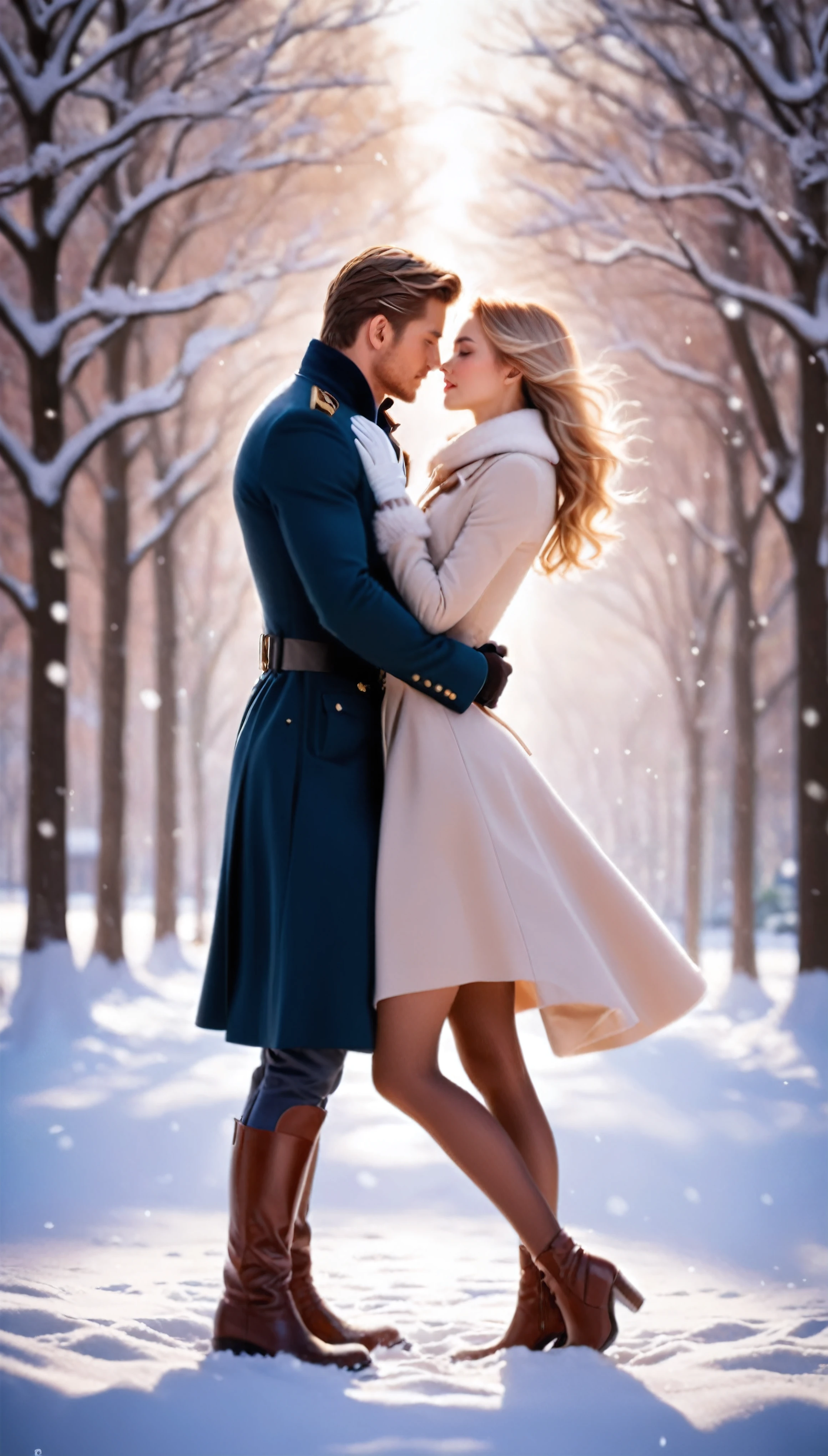 Create an image that captures the essence award-winning photograpy, Visualize a enchanting photo of passionate Couple in a Snowy park. Their skin should be meticulously detailed, with eyes that glow with life, and a facial structure that fits the golden ratio of attractiveness, including clear double eyelids. | They are wearing trendy yet elegant winter outfit, and they are moving with a dynamic and bold grace. The setting is a beautiful Snowy park, with them poised under the warm light of sunlight, casting striking shadows around them. Capture them from a low angle to reveal their whole body in a dynamic pose, adding to the intensity of the scene. They look each other passionately, their expression both engaging and ethereal. | Rendered in ultra-high detail and quality, this masterpiece ensures anatomical correctness and textured skin with super detail. With a focus on high quality and accuracy, this award-winning portrayal captures every nuance in stunning 16k resolution, immersing viewers in its lifelike depiction. | ((trendy and elegant winter outfit):1.1), ((fancy handgloves):1.1). | (((anatomical correctness))), (((perfect_fingers))), (((perfect_legs))), (((perfect_hands))), ((perfect_composition, perfect_design, perfect_layout, perfect_detail, ultra_detailed)), ((enhance_all, fix_everything)), More Detail, Enhance.