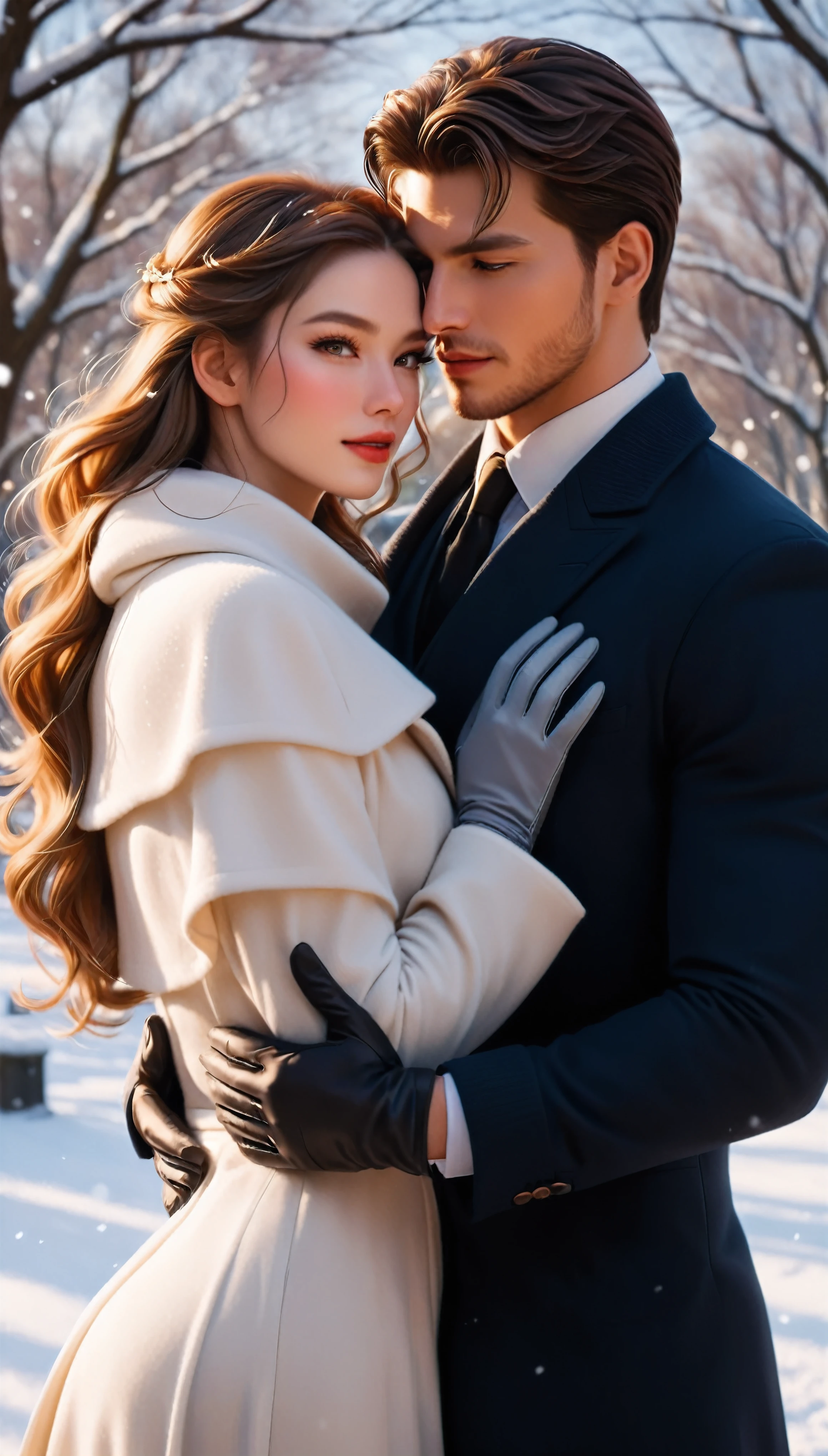 Create an image that captures the essence award-winning photograpy, Visualize a enchanting photo of passionate Couple in a Snowy park. Their skin should be meticulously detailed, with eyes that glow with life, and a facial structure that fits the golden ratio of attractiveness, including clear double eyelids. | They are wearing trendy yet elegant winter outfit, and they are moving with a dynamic and bold grace. The setting is a beautiful Snowy park, with them poised under the warm light of sunlight, casting striking shadows around them. Capture them from a low angle to reveal their whole body in a dynamic pose, adding to the intensity of the scene. They look each other passionately, their expression both engaging and ethereal. | Rendered in ultra-high detail and quality, this masterpiece ensures anatomical correctness and textured skin with super detail. With a focus on high quality and accuracy, this award-winning portrayal captures every nuance in stunning 16k resolution, immersing viewers in its lifelike depiction. | ((trendy and elegant winter outfit):1.1), ((fancy handgloves):1.1). | (((anatomical correctness))), (((perfect_fingers))), (((perfect_legs))), (((perfect_hands))), ((perfect_composition, perfect_design, perfect_layout, perfect_detail, ultra_detailed)), ((enhance_all, fix_everything)), More Detail, Enhance.