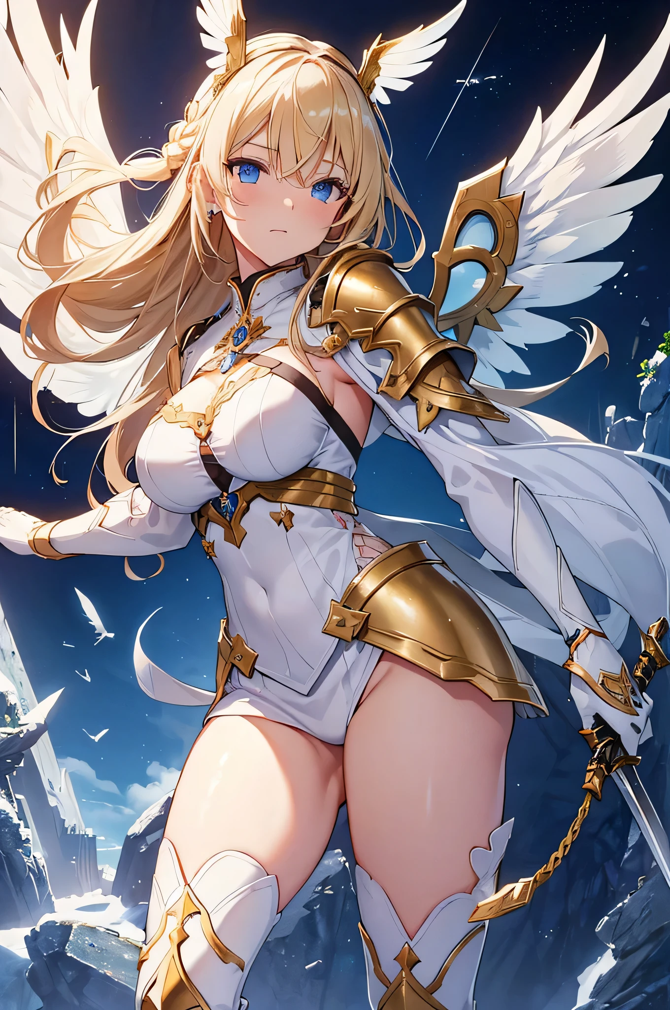 4k,High resolution,One Woman,Blonde,long hair,Braid,Blue Eyes,Big Breasts,Valkyrie,White sacred armor,Full Armor,Heavy Armor,white glove,White shoes,Fishnet tights,Winged headgear,Gold decoration,Jewelry decoration,Great Holy Sword,Temple in the Sky