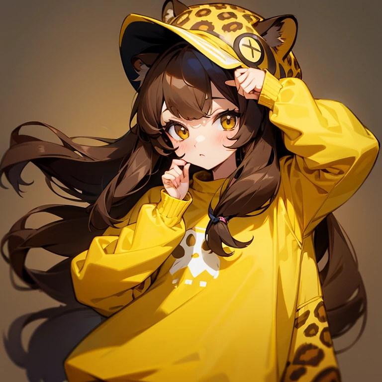 Create a cute girl with long brown hair with a yellow sweatshirt, dark eyes and a small leopard hat