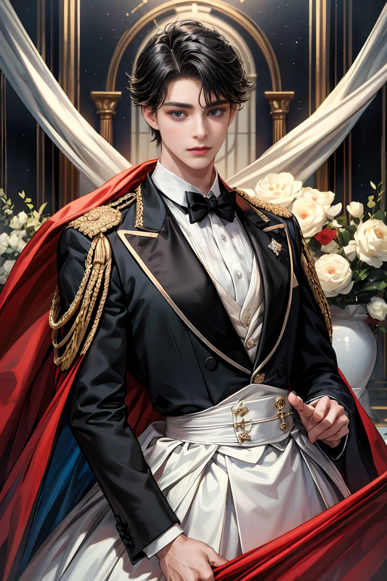
masterpiece, 最high quality, high quality, 1 boy, alone, Male focus, Watching the audience,  Messy black hair, Adorable big blue eyes, White, Noble, Noble, Tuxedo、A very voluminous, large, very large, very large, long, long red and black cape with a high stand-up collar, made of a lot of fabric that reaches down to the floor., 17 years old,Cute beautiful boys,Cute, cute, kind, handsome guy